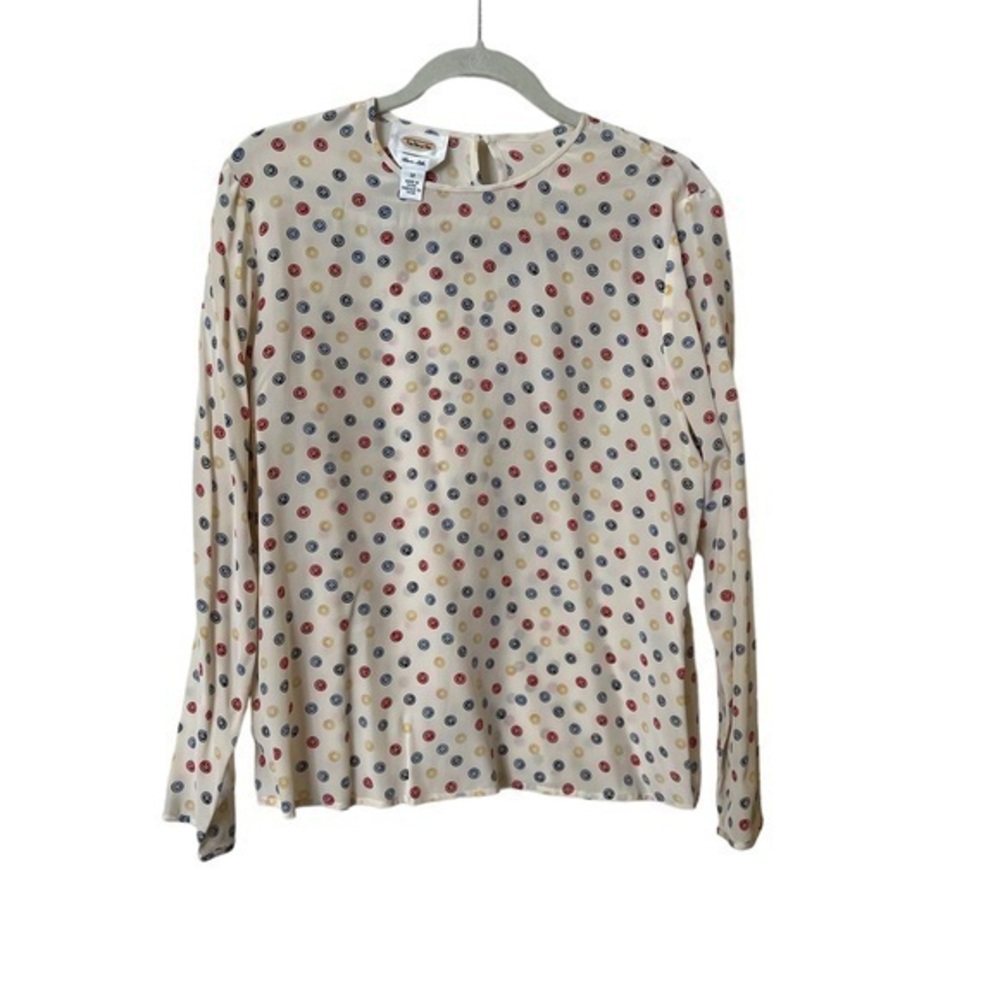 Talbots Long Sleeve Red Yellow Blue Button Print Ivory Silk Pullover Blouse